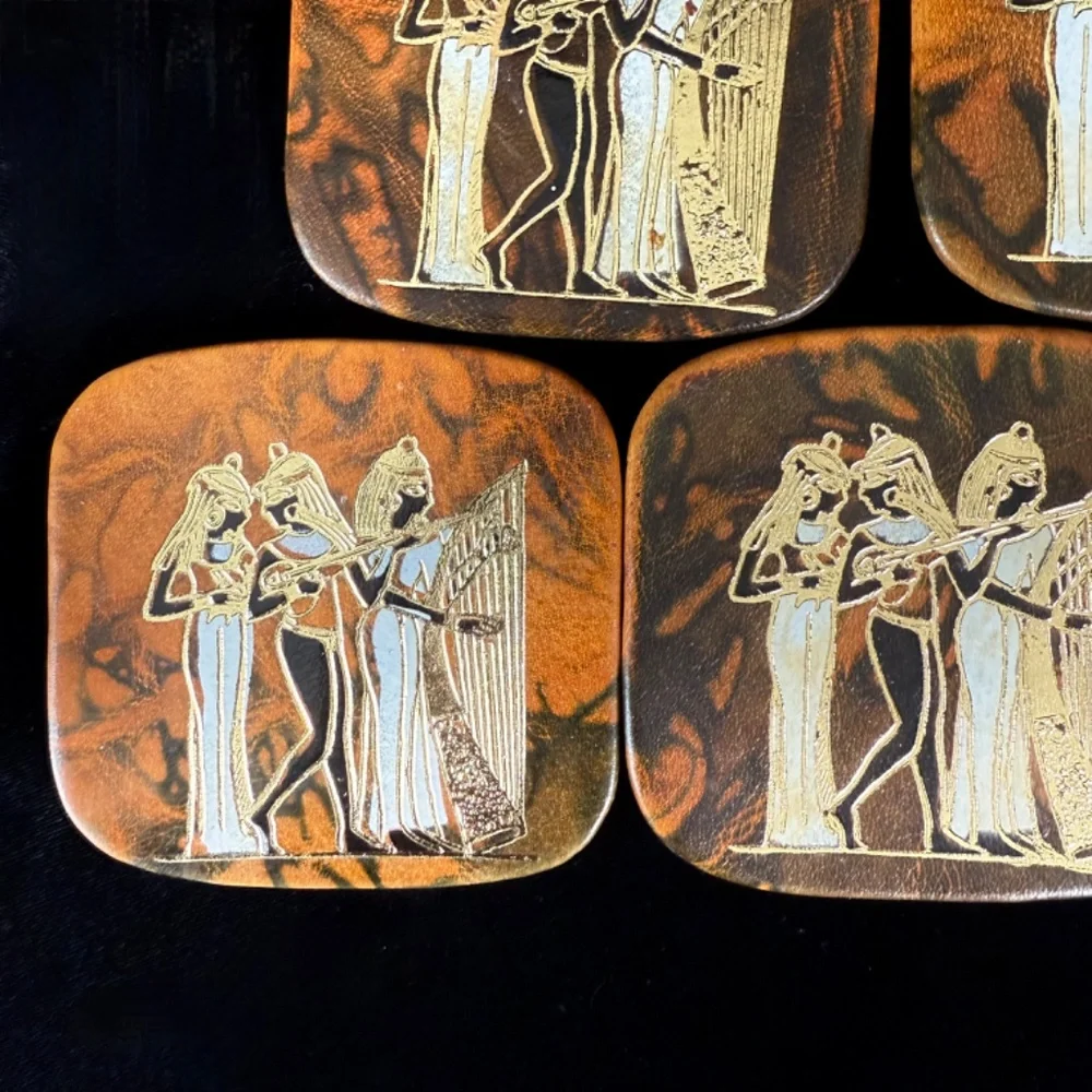 Vintage 6 Egyptian Goddess Leather Coasters in Holder Princess Pharaohs Wife